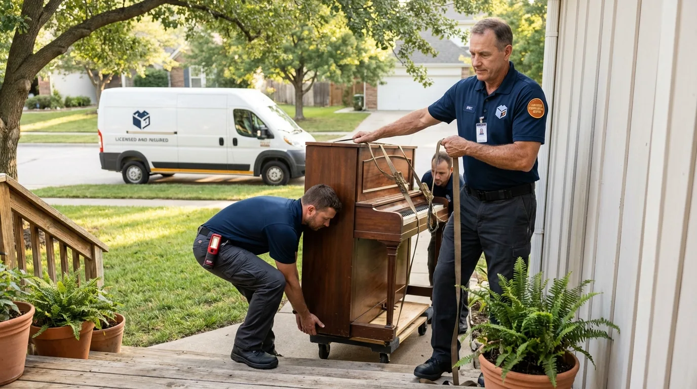 Licensed piano movers securing grand piano in Kirkland, WA